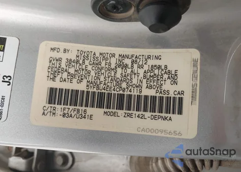 2012 Toyota Corolla Le из США, поврежденный, VIN 5YFBU4EE4CP074119